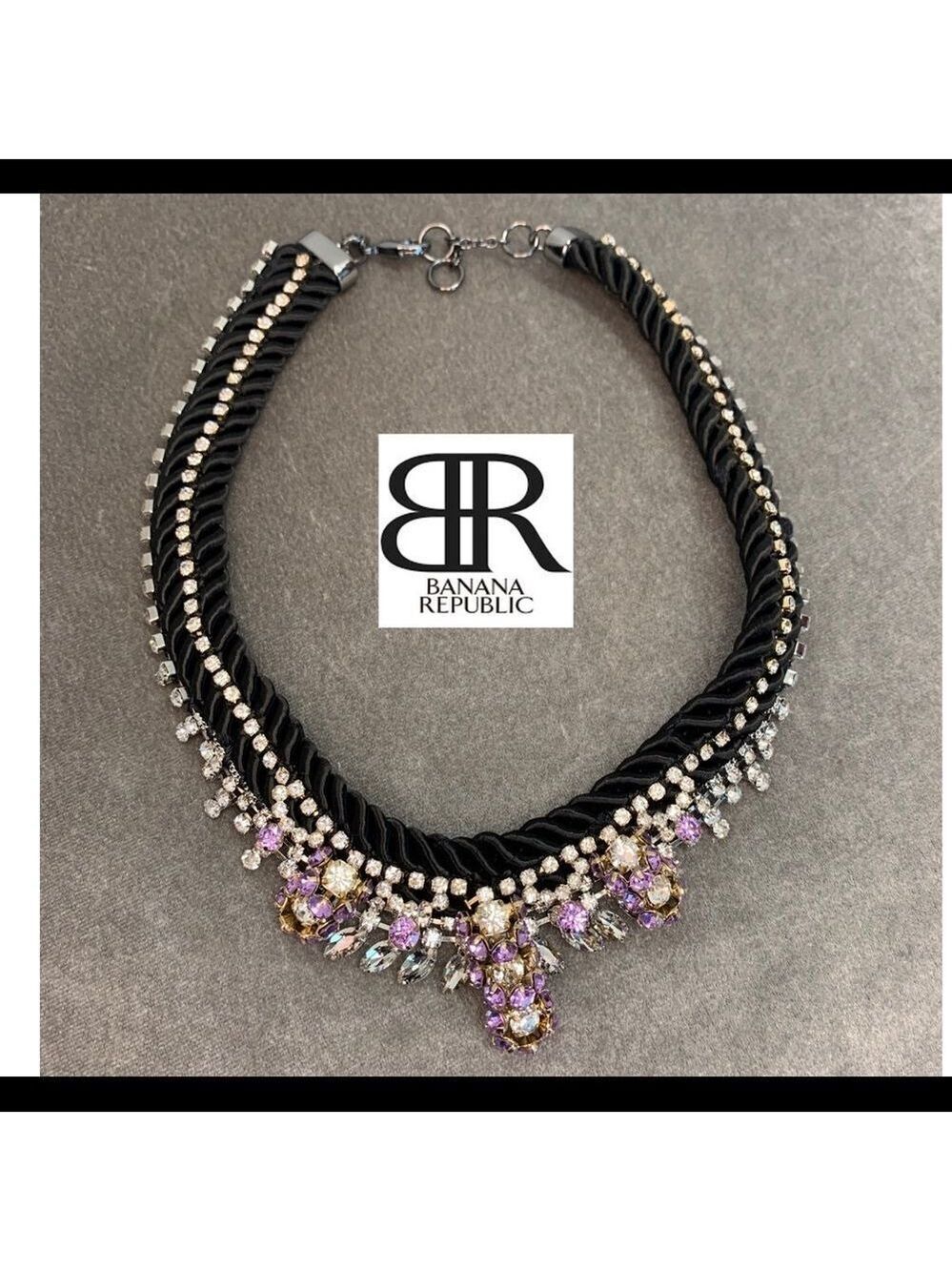 Banana Republic black Satin Rope & purple Crystal Rhinestone Necklace
